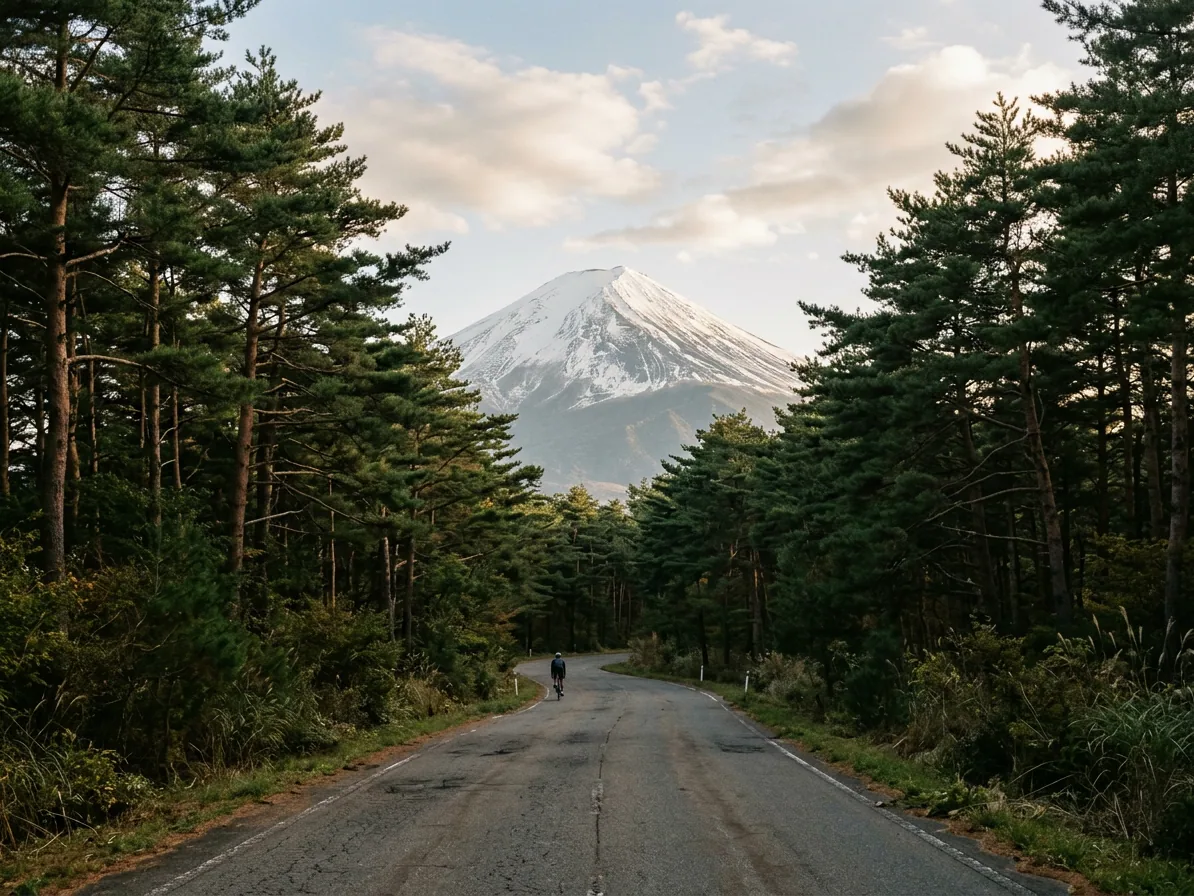 A quiet road through the Fuji Five Lakes region with pine forest and Mount Fuji ahead