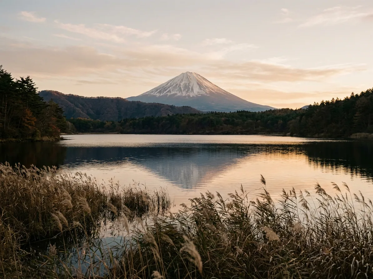 Lake Saiko at golden hour with reeds in the foreground and Mount Fuji on the horizon
